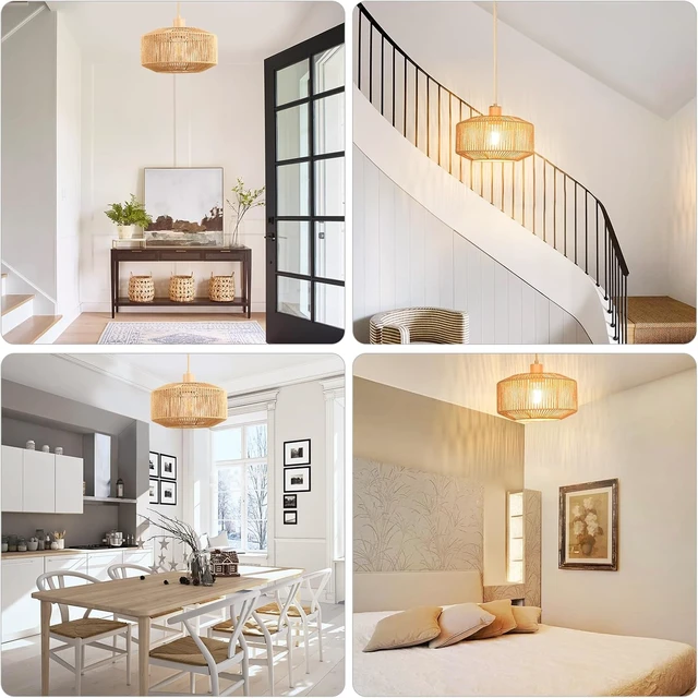 Alt view image 5 of 7 - Qingmiao Boho Plug in Pendant Light, Handwoven Shade, 3 Way Bulb, 14ft Cord