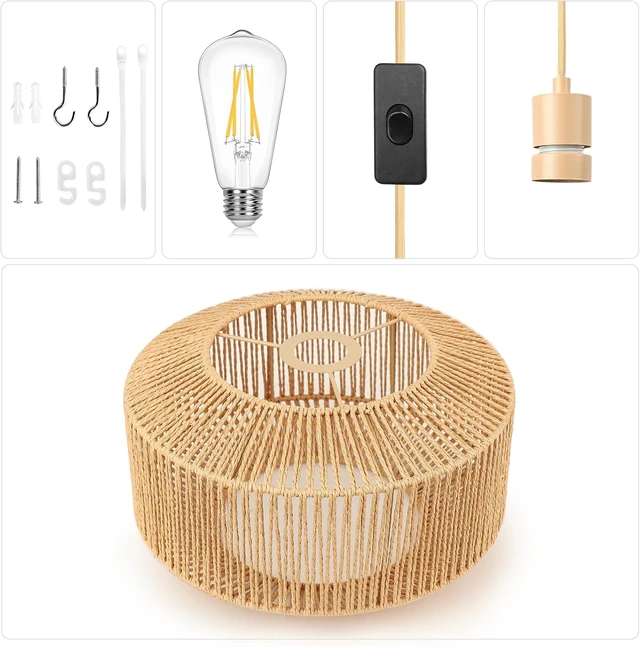 Alt view image 6 of 7 - Qingmiao Boho Plug in Pendant Light, Handwoven Shade, 3 Way Bulb, 14ft Cord