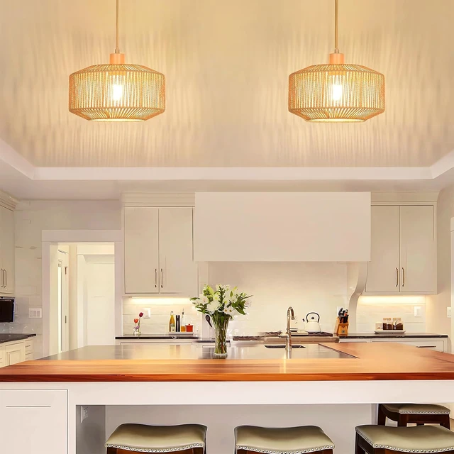 Alt view image 7 of 7 - Qingmiao Boho Plug in Pendant Light, Handwoven Shade, 3 Way Bulb, 14ft Cord