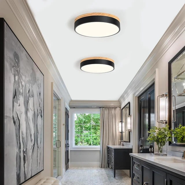 Alt view image 7 of 7 - Modern Dimmable Wood Black Flush Mount Ceiling Light Fixture,5CCT,11.8 in