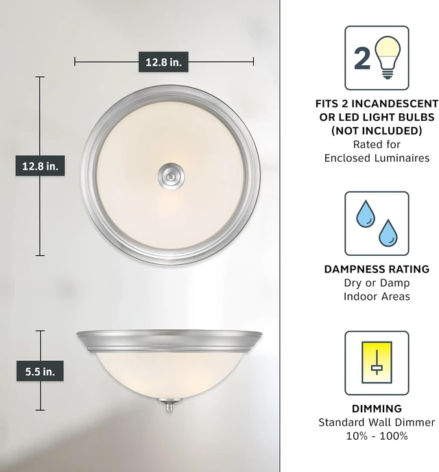 Alt view image 4 of 6 - Designers Fountain Flush Mount Ceiling Light, 2-Pack, 13 Inch Frosted Glass Lighting Fixture for Kitchen, Bedroom, Bathroom, and Hallway, LED Bulbs Not Included, Brushed Nickel