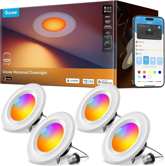 Main image of Govee Smart Retrofit Recessed Lighting 6 Inch, Wi-Fi Bluetooth Direct Connect RGBWW Retrofit Can Lights, 65 Scene Modes, Works with Alexa & Google Assistant, 1000 Lumens, 4 Pack