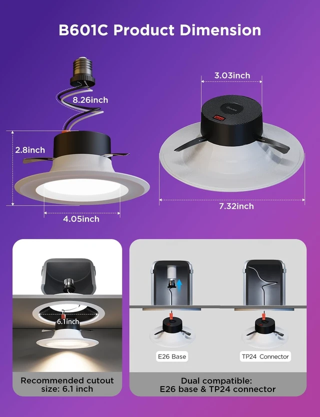 Alt view image 2 of 7 - Govee Smart Retrofit Recessed Lighting 6 Inch, Wi-Fi Bluetooth Direct Connect RGBWW Retrofit Can Lights, 65 Scene Modes, Works with Alexa & Google Assistant, 1000 Lumens, 4 Pack