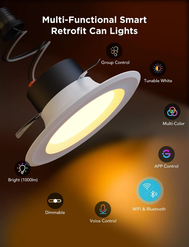 Alt view image 6 of 7 - Govee Smart Retrofit Recessed Lighting 6 Inch, Wi-Fi Bluetooth Direct Connect RGBWW Retrofit Can Lights, 65 Scene Modes, Works with Alexa & Google Assistant, 1000 Lumens, 4 Pack