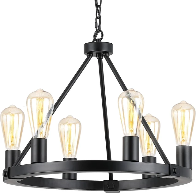 Main image of 9MMML Black Wagon Wheel Chandelier, 6-Light Industrial Pendant Light, 20'' Farmhouse Ceiling Hanging Chandelier Light Fixture for Living Room, Bedroom, Entryway, Foyer