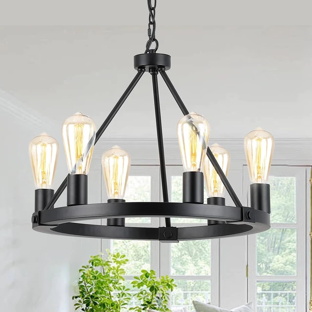 Alt view image 2 of 7 - 9MMML Black Wagon Wheel Chandelier, 6-Light Industrial Pendant Light, 20'' Farmhouse Ceiling Hanging Chandelier Light Fixture for Living Room, Bedroom, Entryway, Foyer