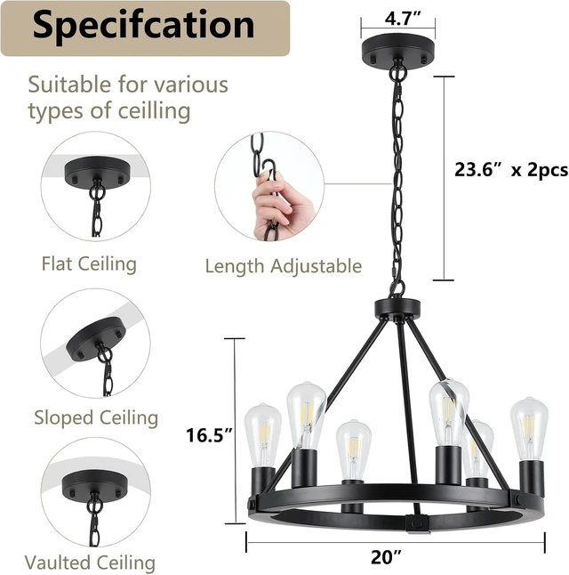 Alt view image 3 of 7 - 9MMML Black Wagon Wheel Chandelier, 6-Light Industrial Pendant Light, 20'' Farmhouse Ceiling Hanging Chandelier Light Fixture for Living Room, Bedroom, Entryway, Foyer