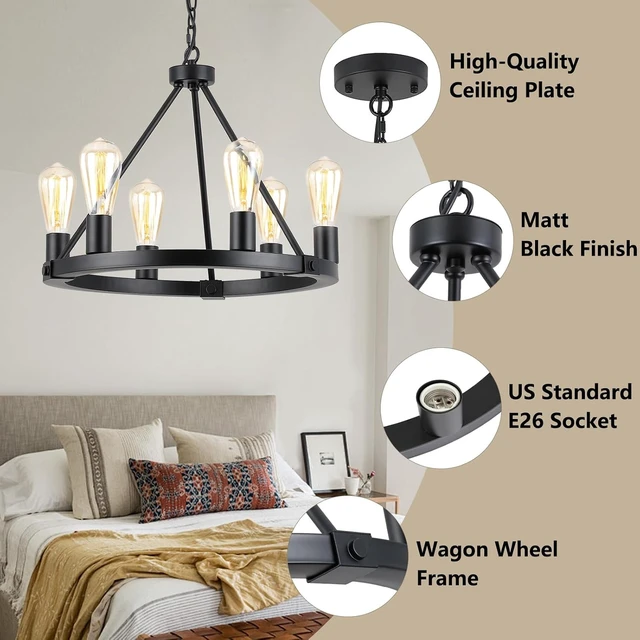 Alt view image 4 of 7 - 9MMML Black Wagon Wheel Chandelier, 6-Light Industrial Pendant Light, 20'' Farmhouse Ceiling Hanging Chandelier Light Fixture for Living Room, Bedroom, Entryway, Foyer
