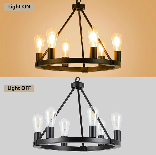 Alt view image 5 of 7 - 9MMML Black Wagon Wheel Chandelier, 6-Light Industrial Pendant Light, 20'' Farmhouse Ceiling Hanging Chandelier Light Fixture for Living Room, Bedroom, Entryway, Foyer