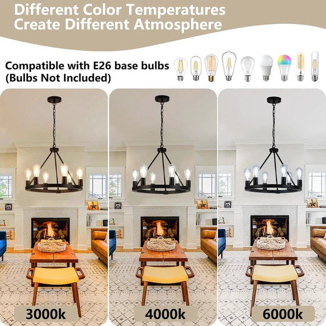 Alt view image 6 of 7 - 9MMML Black Wagon Wheel Chandelier, 6-Light Industrial Pendant Light, 20'' Farmhouse Ceiling Hanging Chandelier Light Fixture for Living Room, Bedroom, Entryway, Foyer