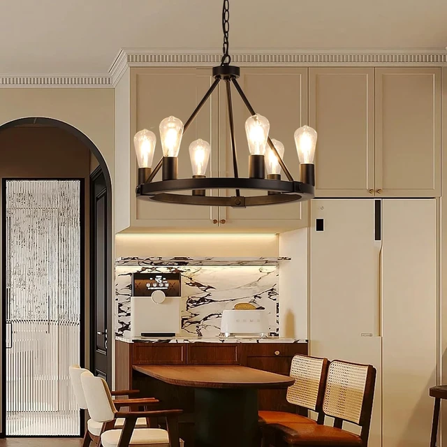 Alt view image 7 of 7 - 9MMML Black Wagon Wheel Chandelier, 6-Light Industrial Pendant Light, 20'' Farmhouse Ceiling Hanging Chandelier Light Fixture for Living Room, Bedroom, Entryway, Foyer