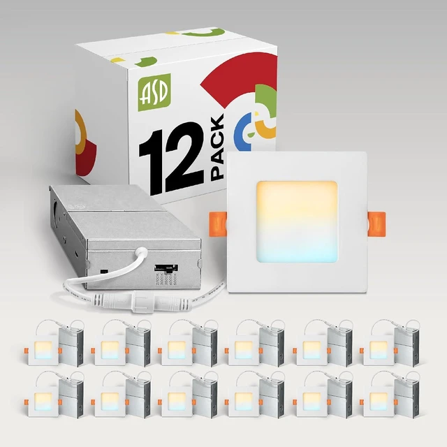 Main image of ASD 12 Pack LED Square Recessed Lighting 3 Inch, 5 CCT 2700K-5000K CRI90+, 6W 30W Eqv, Ultra Thin Dimmable Ceiling Lights with J Box, Canless Wafer Downlight, Slim Panel Light, UL Energy Star, White