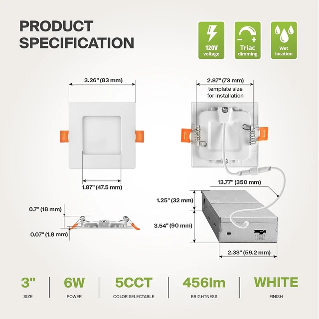 Alt view image 7 of 7 - ASD 12 Pack LED Square Recessed Lighting 3 Inch, 5 CCT 2700K-5000K CRI90+, 6W 30W Eqv, Ultra Thin Dimmable Ceiling Lights with J Box, Canless Wafer Downlight, Slim Panel Light, UL Energy Star, White
