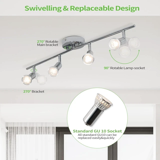 Alt view image 3 of 7 - Qcyuui Modern 4-Light Track Lighting Kit, Flush Mount Wall/Ceiling Spot Lights Fixture, LED Track Lighting with Chrome Rotatable Light Head for Kitchen Living Room, 4×GU10 Bulb (Included)