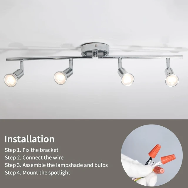 Alt view image 6 of 7 - Qcyuui Modern 4-Light Track Lighting Kit, Flush Mount Wall/Ceiling Spot Lights Fixture, LED Track Lighting with Chrome Rotatable Light Head for Kitchen Living Room, 4×GU10 Bulb (Included)