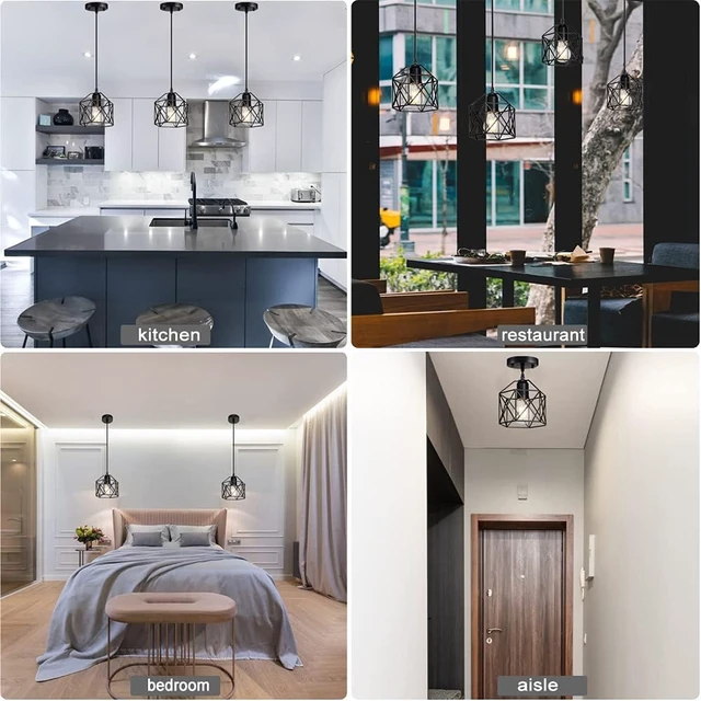 Alt view image 7 of 7 - 1-Light Vintage Hanging Light Pendant Light Fixture Farmhouse Basket Cage Hanging Ceiling Light with Metal Caged for Kitchen Island Dining Restaurant Room Hallway Hotel Bar