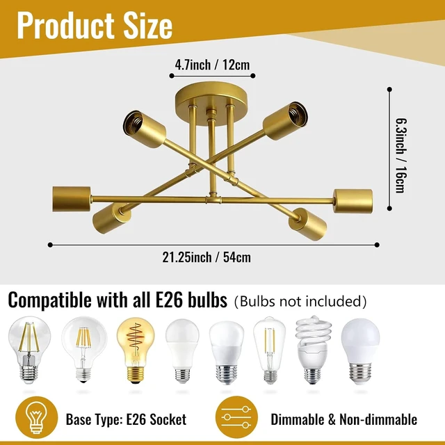 Alt view image 3 of 7 - 6-Light Gold Sputnik Ceiling Light Chandelier, Dinning Room Light Fixture