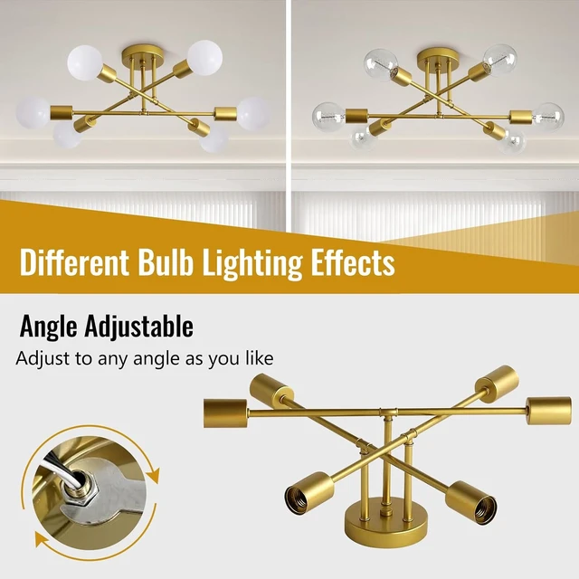 Alt view image 5 of 7 - 6-Light Gold Sputnik Ceiling Light Chandelier, Dinning Room Light Fixture