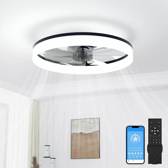 Main image of VOLISUN Low Profile Ceiling Fans with Lights and Remote, 20in Fandelier Ceiling Fan with Light, 3000K-6500K Dimmable Bladeless LED Fan Light, Black Flush Mount Ceiling Fans with Lights for Bedroom