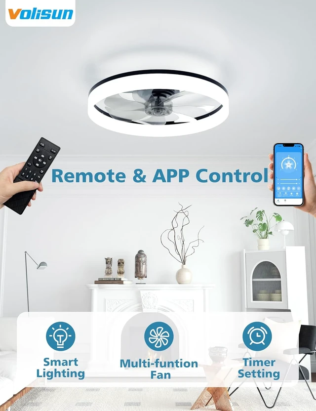 Alt view image 3 of 7 - VOLISUN Low Profile Ceiling Fans with Lights and Remote, 20in Fandelier Ceiling Fan with Light, 3000K-6500K Dimmable Bladeless LED Fan Light, Black Flush Mount Ceiling Fans with Lights for Bedroom
