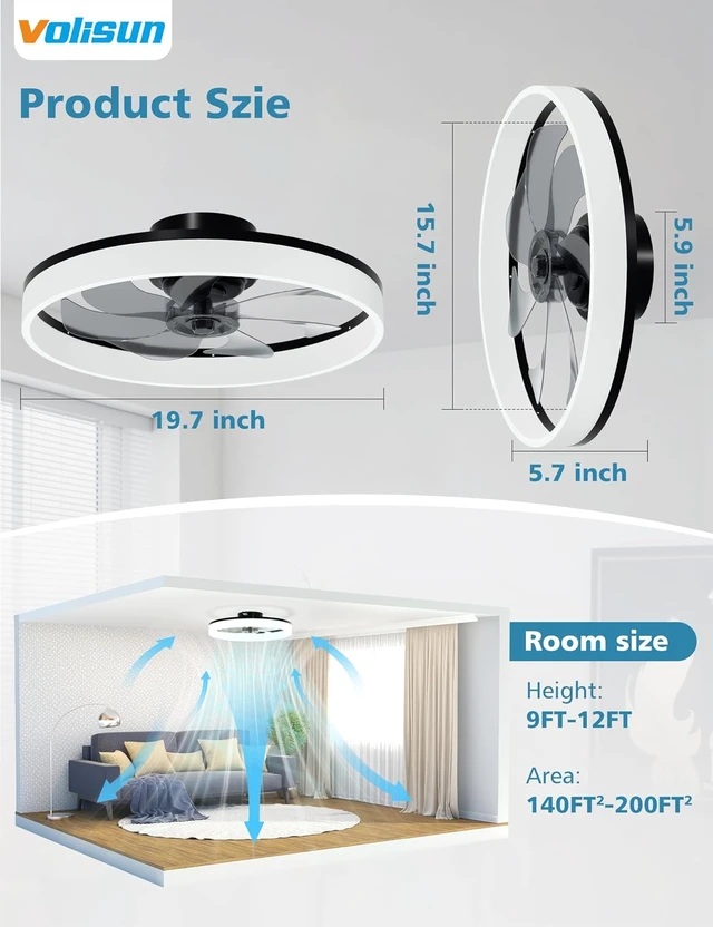 Alt view image 7 of 7 - VOLISUN Low Profile Ceiling Fans with Lights and Remote, 20in Fandelier Ceiling Fan with Light, 3000K-6500K Dimmable Bladeless LED Fan Light, Black Flush Mount Ceiling Fans with Lights for Bedroom