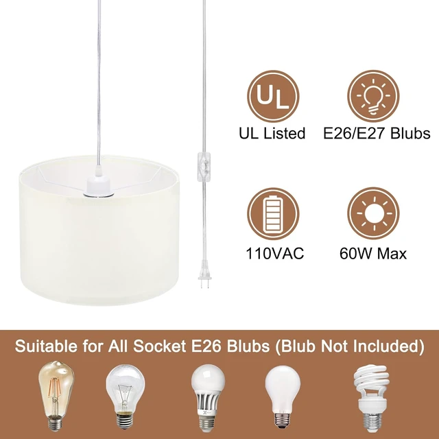 Alt view image 3 of 7 - PATIKIL Plug in Pendant Light, 15Ft Rope Cord Hanging Lamp Fixture with ON/Off Switch, Linen Fabric Shade E26/E27 Bulb Socket for Bedroom Kitchen Living Room, Beige White