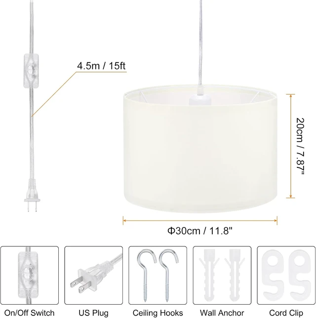 Alt view image 2 of 7 - PATIKIL Plug in Pendant Light, 15Ft Rope Cord Hanging Lamp Fixture with ON/Off Switch, Linen Fabric Shade E26/E27 Bulb Socket for Bedroom Kitchen Living Room, Beige White