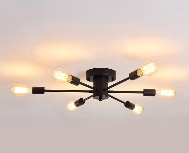 Main image of UOFUS 6 Lights Sputnik Semi Flush Mount Ceiling Light Matte Black Modern Edison Chandelier Industrial Close to Ceiling Light for Farmhouse Dining Room Kitchen Bedroom Living Room Study