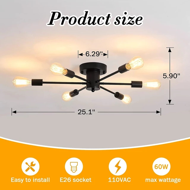 Alt view image 2 of 7 - UOFUS 6 Lights Sputnik Semi Flush Mount Ceiling Light Matte Black Modern Edison Chandelier Industrial Close to Ceiling Light for Farmhouse Dining Room Kitchen Bedroom Living Room Study