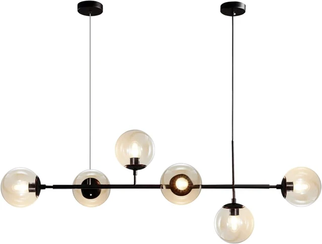 Main image of KCO Lighting 6-Light Modern Globe Sputnik Chandelier Mid Century Black Pendant Light Chandelier Dining Room Linear Pendant Lighting Kitchen Island Adjustable Pendant Light Fixtures (Black+Amber)