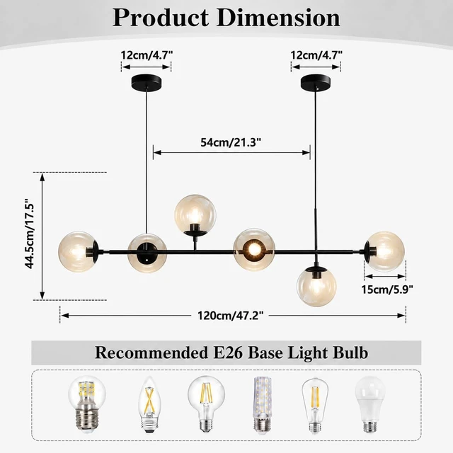 Alt view image 2 of 7 - KCO Lighting 6-Light Modern Globe Sputnik Chandelier Mid Century Black Pendant Light Chandelier Dining Room Linear Pendant Lighting Kitchen Island Adjustable Pendant Light Fixtures (Black+Amber)