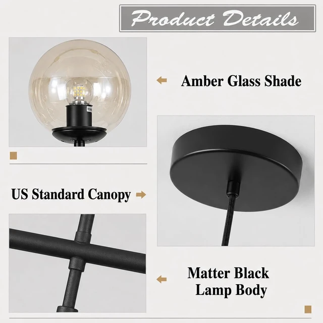 Alt view image 3 of 7 - KCO Lighting 6-Light Modern Globe Sputnik Chandelier Mid Century Black Pendant Light Chandelier Dining Room Linear Pendant Lighting Kitchen Island Adjustable Pendant Light Fixtures (Black+Amber)