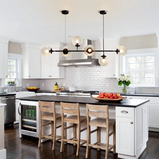 Alt view image 4 of 7 - KCO Lighting 6-Light Modern Globe Sputnik Chandelier Mid Century Black Pendant Light Chandelier Dining Room Linear Pendant Lighting Kitchen Island Adjustable Pendant Light Fixtures (Black+Amber)
