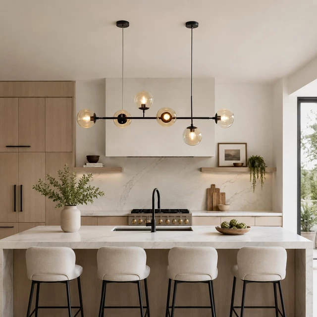 Alt view image 5 of 7 - KCO Lighting 6-Light Modern Globe Sputnik Chandelier Mid Century Black Pendant Light Chandelier Dining Room Linear Pendant Lighting Kitchen Island Adjustable Pendant Light Fixtures (Black+Amber)
