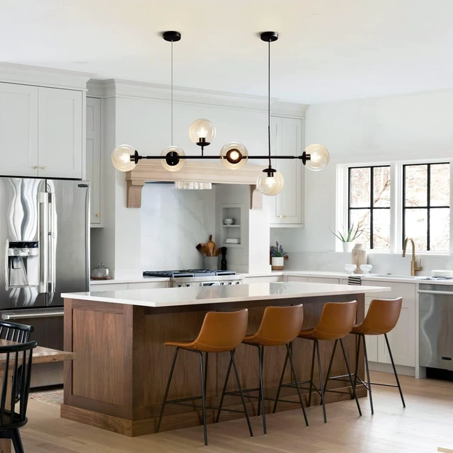 Alt view image 6 of 7 - KCO Lighting 6-Light Modern Globe Sputnik Chandelier Mid Century Black Pendant Light Chandelier Dining Room Linear Pendant Lighting Kitchen Island Adjustable Pendant Light Fixtures (Black+Amber)