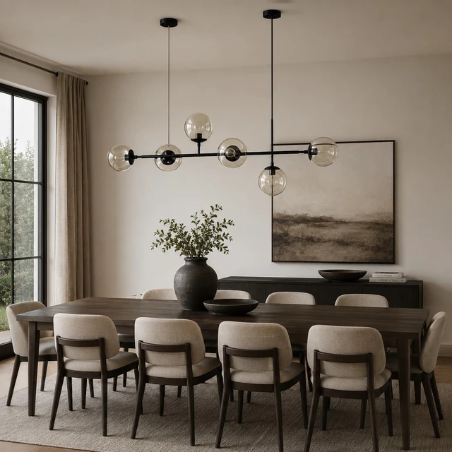 Alt view image 7 of 7 - KCO Lighting 6-Light Modern Globe Sputnik Chandelier Mid Century Black Pendant Light Chandelier Dining Room Linear Pendant Lighting Kitchen Island Adjustable Pendant Light Fixtures (Black+Amber)