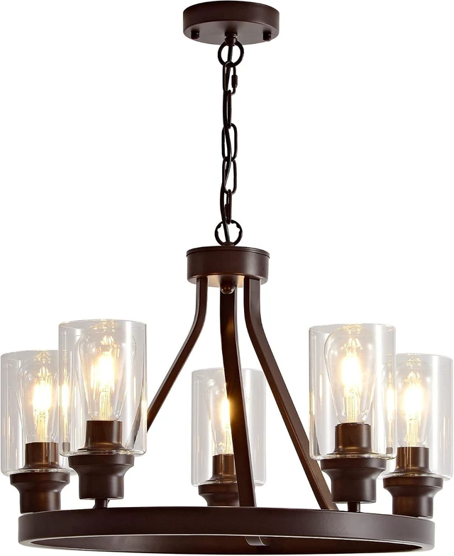 Main image of Farmhouse Chandelier Lighting Round 5 Lights Oil Rubbed Bronze with Glass Shade Ceiling Hanging Vintage Rustic Light Fixture for Dining Room Living Room Foyer Porch Kitchen Island