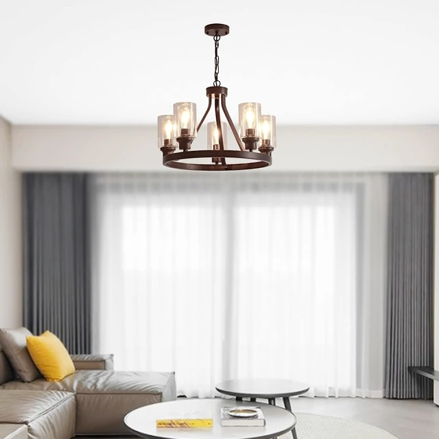 Alt view image 4 of 7 - Farmhouse Chandelier Lighting Round 5 Lights Oil Rubbed Bronze with Glass Shade Ceiling Hanging Vintage Rustic Light Fixture for Dining Room Living Room Foyer Porch Kitchen Island