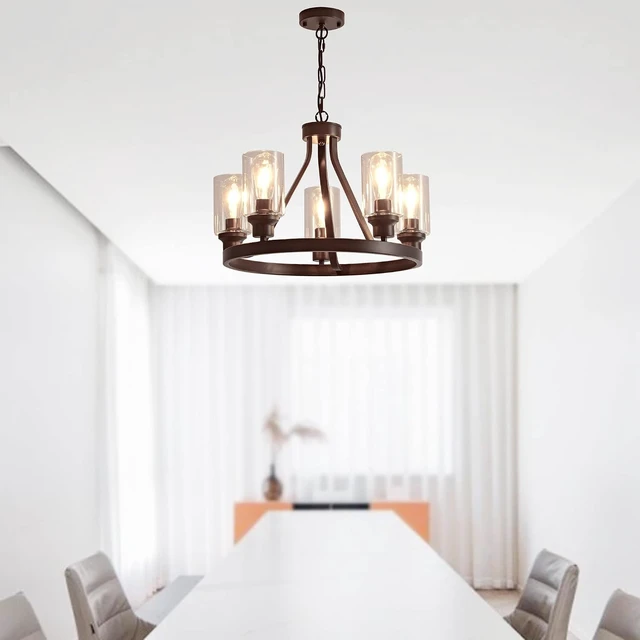 Alt view image 5 of 7 - Farmhouse Chandelier Lighting Round 5 Lights Oil Rubbed Bronze with Glass Shade Ceiling Hanging Vintage Rustic Light Fixture for Dining Room Living Room Foyer Porch Kitchen Island