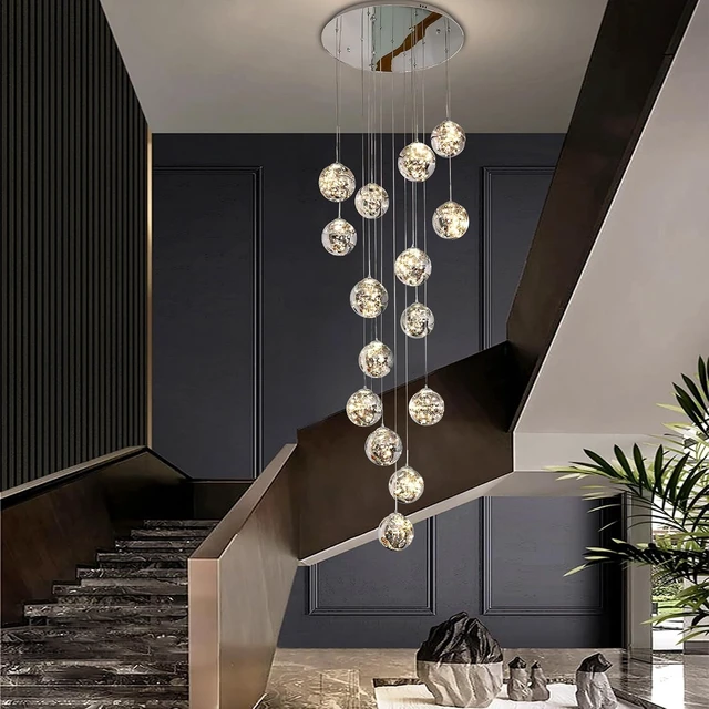 Alt view image 2 of 7 - 15-Light LED Staircase Chandelier Crystal Ceiling Lights Large Chandeliers for High Ceilings, Entryway Modern Lighting Fixture Villas and Stairs, Adjustable Length 23" W x100 H,75W