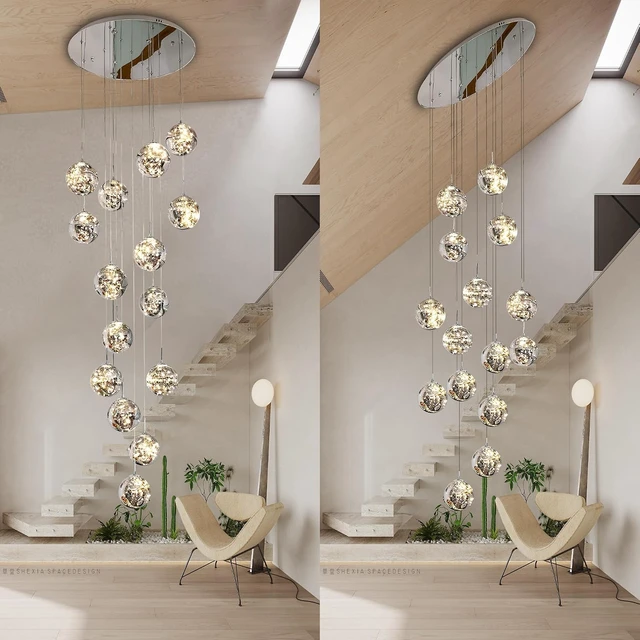 Alt view image 3 of 7 - 15-Light LED Staircase Chandelier Crystal Ceiling Lights Large Chandeliers for High Ceilings, Entryway Modern Lighting Fixture Villas and Stairs, Adjustable Length 23" W x100 H,75W