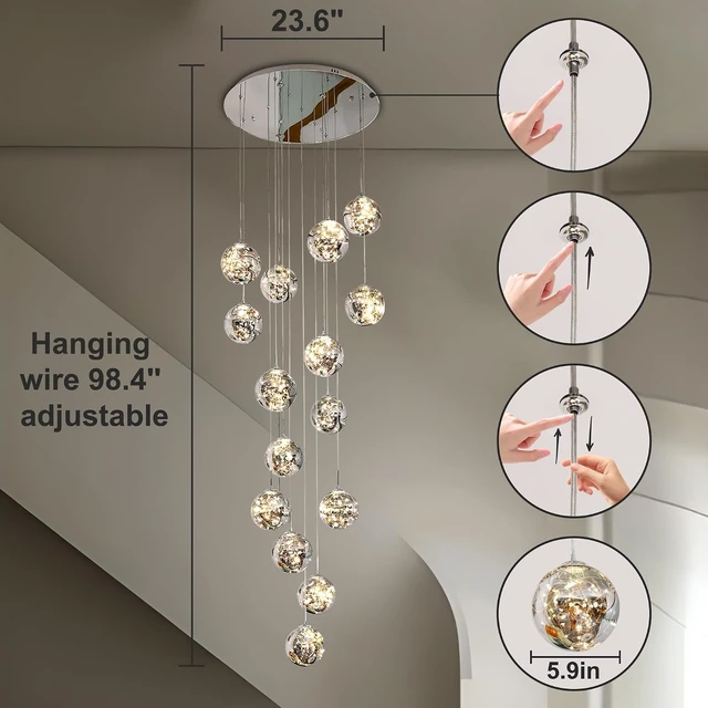 Alt view image 4 of 7 - 15-Light LED Staircase Chandelier Crystal Ceiling Lights Large Chandeliers for High Ceilings, Entryway Modern Lighting Fixture Villas and Stairs, Adjustable Length 23" W x100 H,75W