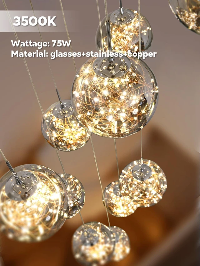 Alt view image 5 of 7 - 15-Light LED Staircase Chandelier Crystal Ceiling Lights Large Chandeliers for High Ceilings, Entryway Modern Lighting Fixture Villas and Stairs, Adjustable Length 23" W x100 H,75W