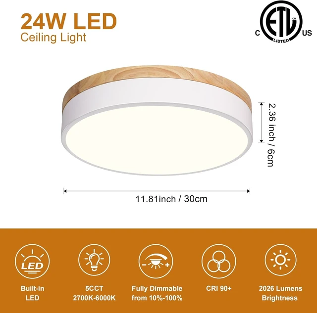 Alt view image 6 of 7 - Modern Dimmable Wood White Flush Mount Ceiling Light Fixture,5CCT,11.8 in