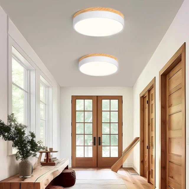 Alt view image 5 of 7 - Modern Dimmable Wood White Flush Mount Ceiling Light Fixture,5CCT,11.8 in
