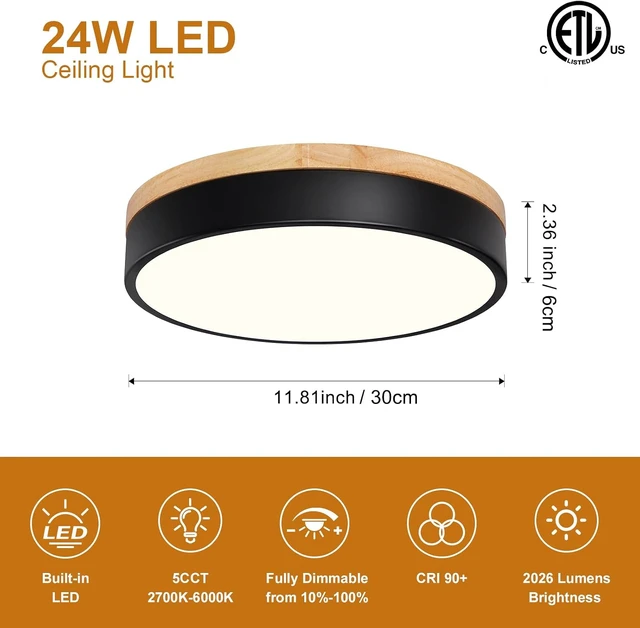 Alt view image 5 of 7 - Modern Dimmable Wood Black Flush Mount Ceiling Light Fixture,5CCT,11.8 in
