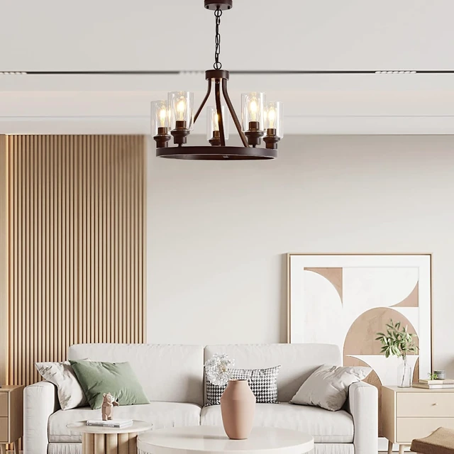 Alt view image 6 of 7 - Farmhouse Chandelier Lighting Round 5 Lights Oil Rubbed Bronze with Glass Shade Ceiling Hanging Vintage Rustic Light Fixture for Dining Room Living Room Foyer Porch Kitchen Island