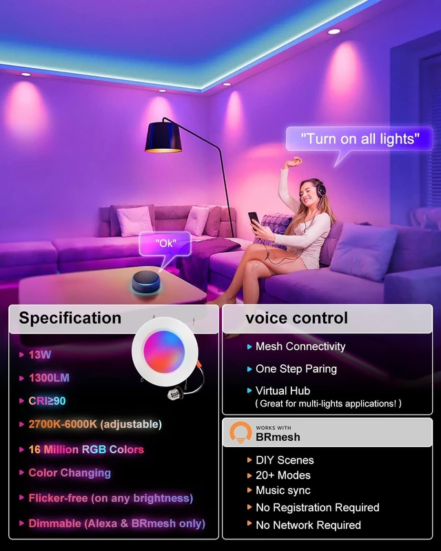 Alt view image 2 of 7 - 6 Inch Smart Recessed Lighting RGBCW Color Changing LED Can Lights