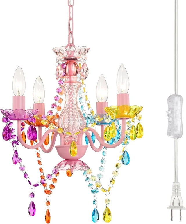 Main image of Alighting Plug in Chandeliers, 4-Light Multicolor Small Acrylic Crystal Hanging Ceiling Lamp with 20ft Cord, No Hardwire, Multicolor Chandeliers for Dining Room, Girls' Bedroom, Nursery or Kitchen