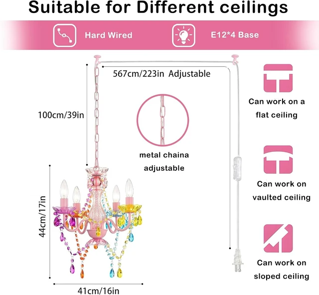 Alt view image 2 of 7 - Alighting Plug in Chandeliers, 4-Light Multicolor Small Acrylic Crystal Hanging Ceiling Lamp with 20ft Cord, No Hardwire, Multicolor Chandeliers for Dining Room, Girls' Bedroom, Nursery or Kitchen